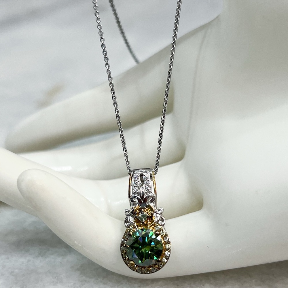 Green and White Moissanite Green Sapphire Sterling Silver Pendant 20” Necklace - Picture 4 of 11